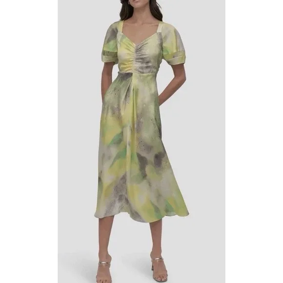 Dkny Midi Dress Womens S Watercolor Hues Ruched Printed Satin Short Sleeve NWT - Picture 11 of 11